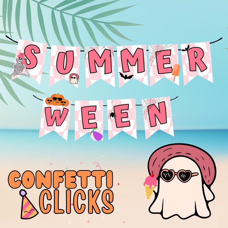Op de afbeelding: Een roze en witte banner met de tekst "SUMMERWEEN" in roze letters. De banner is versierd met Halloween- en zomericonen, waaronder een spook, een spin, een pompoen, een vleermuis, een ijsje en een strandbal. Onder de banner staat de tekst "CONFETTI CLICKS" in oranje letters. Een cartoon-spook met een zonnebril en een roze hoed houdt een ijsje vast.
