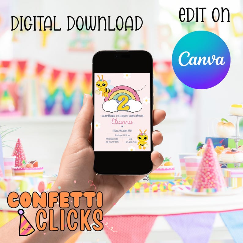 May include: A smartphone displays a birthday invitation with a rainbow, bees, and the number 2. The invitation includes the name "Elianna" and event details. The words "Digital Download" and "Edit on Canva" are visible.