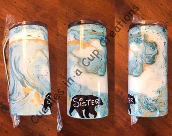 20oz skinny tumbler/custom/light Teal and Gold Marble