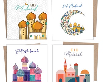 Eid Cards Pack of 4/12 with envelopes - Eid Mubarak Cards multipack greetings cards - Eco Friendly happy Eid card for kids and Family