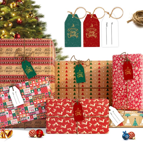 Giftinghouse Christmas Wrapping Paper Recycled Eco 12/24 sheets 70x50cm - Kraft designs with tags and long Jute for decoration.