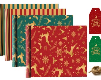 Giftinghouse Christmas Wrapping Paper Recycled Eco 12/24 Sheets 70x50cm - Elegant kraft design with tags and long Jute for decoration.