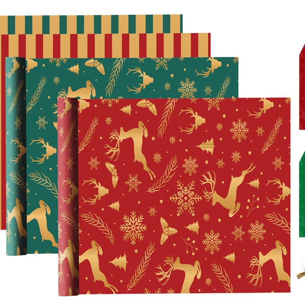 Giftinghouse Christmas Wrapping Paper Recycled Eco 12/24 Sheets 70x50cm - Elegant kraft design with tags and long Jute for decoration.