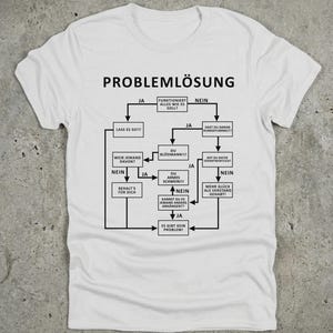 Koszulka z inżynierskim rozwiązywaniem problemów – zabawny prezent dla informatyka, koszulka z nerdowskim schematem blokowym, schemat procesu z humorem IT, moda dla geeków