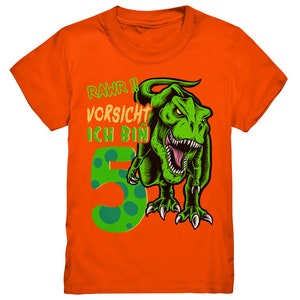 5e kinderverjaardag T-REX dinosaurus ik ben 5 jaar cadeau premium kindershirt Orange