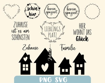 Plotter file set Home Wreath Houses SVG - Home is where the heart is PNG SVG - Flower wreath SVG - Welcome home - Family Living SVG