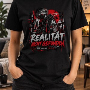 Realität Nicht Gefunden T-Shirt Anime Streetwear Damen Herren, Error 404 Cyberpunk Oversized Shirt Schwarz