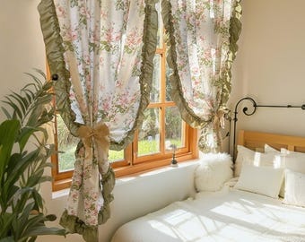 Boho Country Floral Café Curtain, Light Filtering Privacy Curtain for Small Window, Rod Pocket Drapes for Kitchen, Bathroom or Closet Door