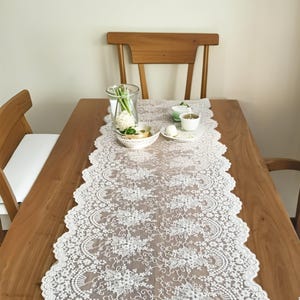 Shabby Chic Lace Table Runner, French Country Long Tablecloth, Vintage Dresser Scarf or Cabinet Cover, Lace Dust Cover, Elegant Home Decor