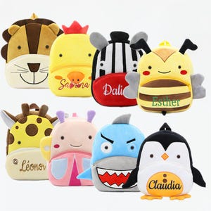 Sac à dos à personnage animal avec nom brodé, sac personnalisé pour enfants, cartable souple tout-petits pour enfants, cadeau d'anniversaire pour le jour du zoo de la pépinière