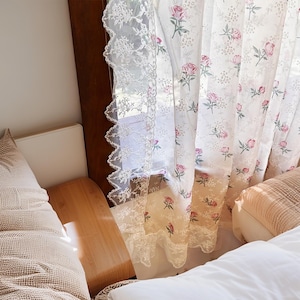 Romantic Lace Curtain Panel, French Cottagecore Room Divider, Pink Rose Sheer Drape,Vintage Privacy Screen For Cabinet,Boho Window Treatment