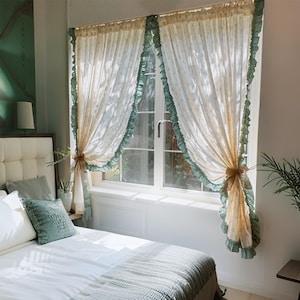 Farmhouse Cotton Curtain, Semi Sheer Privacy Curtain, Ruffle Floral Panel, Door Divider Curtain, Romantic French Bedroom, Boho Vintage Decor