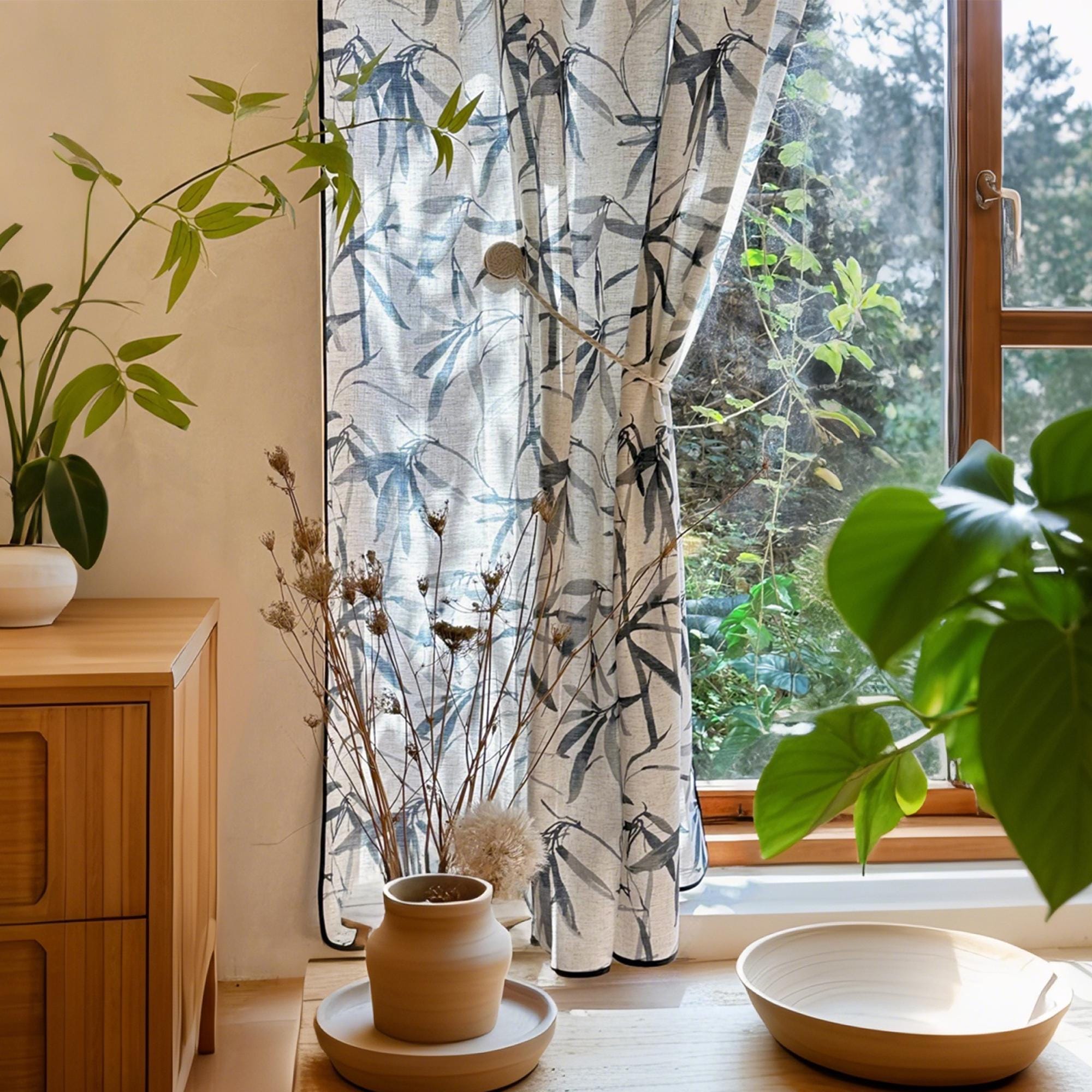 Vintage Zen Art Cotton Linen Curtains – Bamboo Ink Painting with Half-Blackout Lining,Rustic Home Decor, Natural Aesthetic for Tea Room,Gift