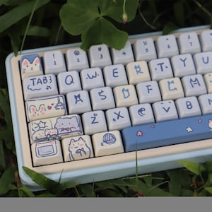 148pcs Blue Cat Theme Keycap Set, PBT Keycap, Cute Cartoon Anime keycap, Mechanical Keyboard Keycap, Artisan Keycaps For MDA Profile, Gifts