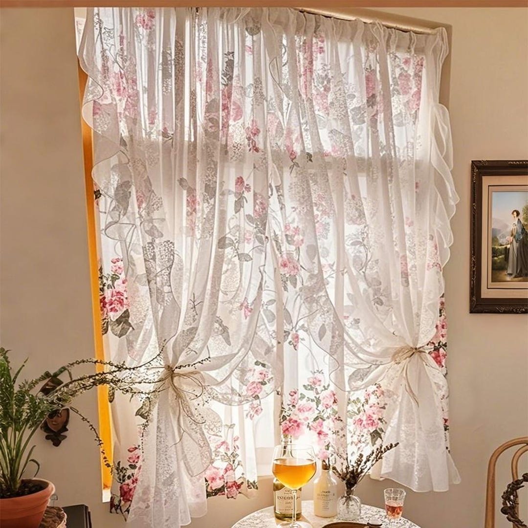 Rustic Tulip Print Pinch Pleat Curtain with Ruffle