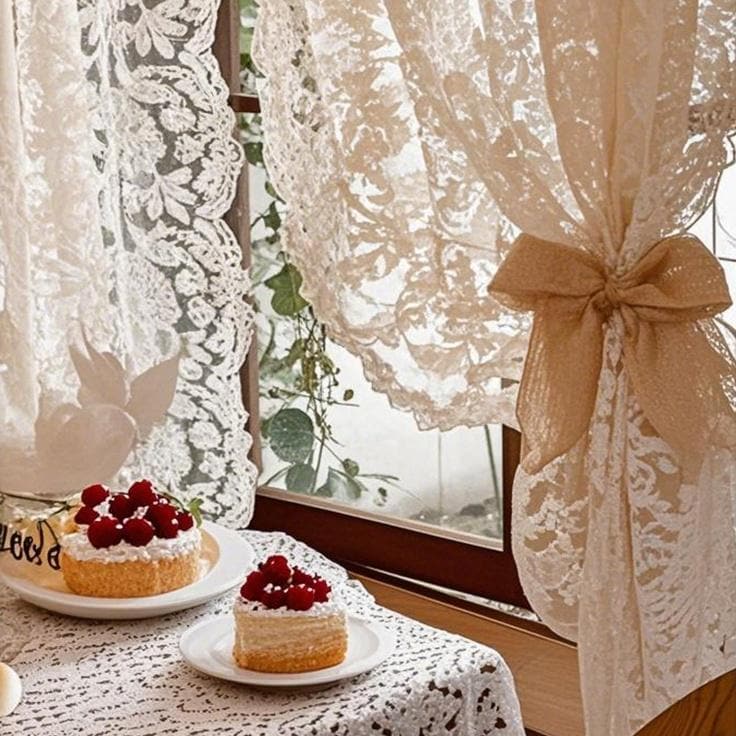 French Lace Curtains, Sheer Embroidered Curtain,Cream Victorian Curtain,Tulle Curtains for Kitchen, Romantic Countryside Curtain,Custom Size