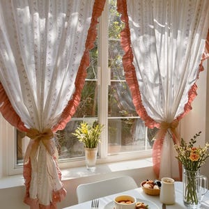 French Ruffle Cotton Curtain, Pink Floral Semi-Blackout Drapes, Vintage Cottage Curtain, Sheer Privacy Curtain for Bedroom Girl’s Room Decor