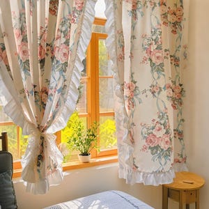 French Vintage Ruffled Floral Print Sheer Curtain, Rose Pattern Elegant Room Divider, Living Room Bedroom Privacy Drapes,Romantic Home Decor