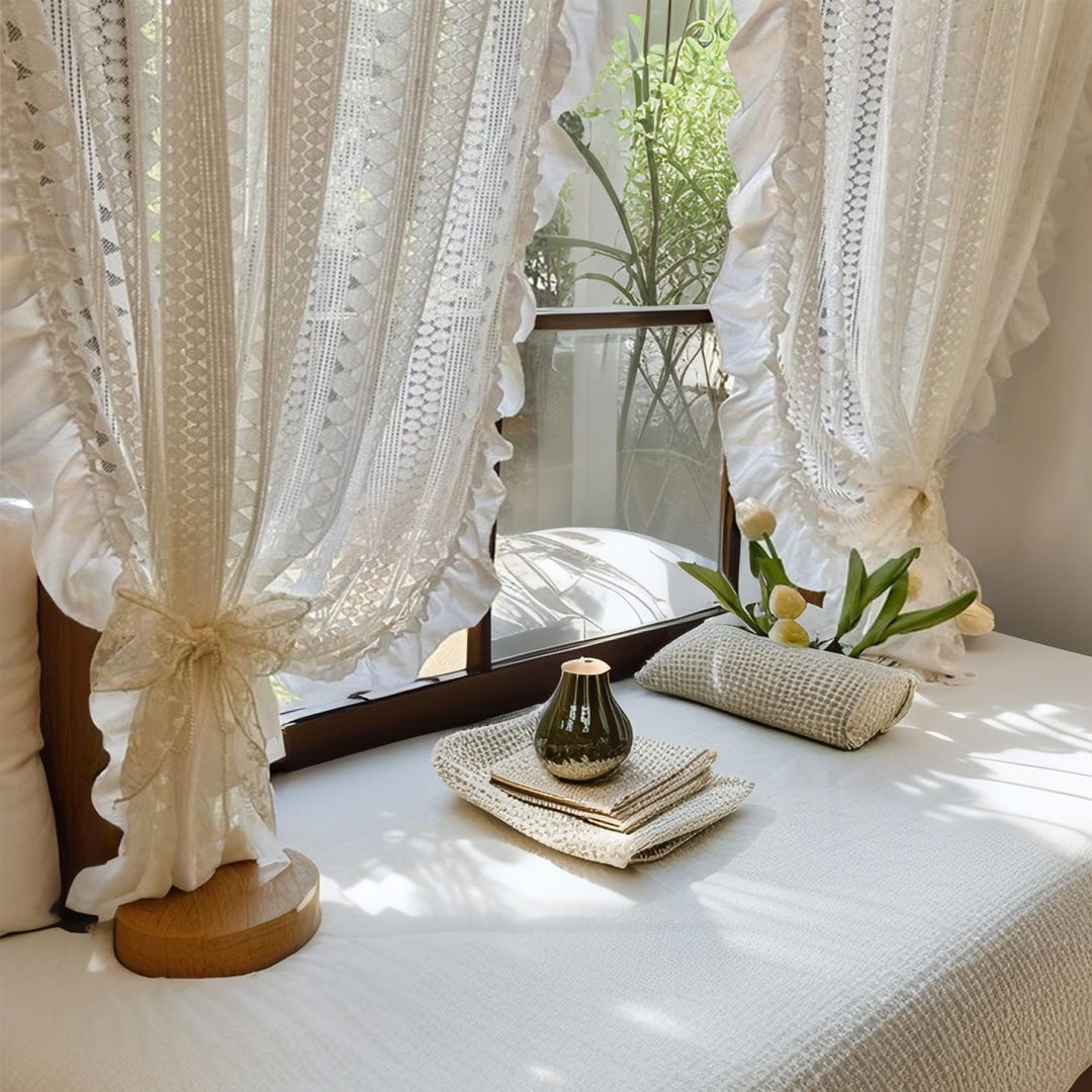 Divider Ruffles Cream Lace Sheer Curtain Panel With Ruffles, French Cottage Window ...