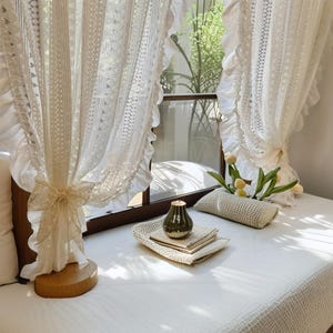 Cream Lace Sheer Curtain Panel with Ruffles, French Cottage Window Treatment, Doorway, Balcony Divider or Room Decor, Vintage Home Curtain
