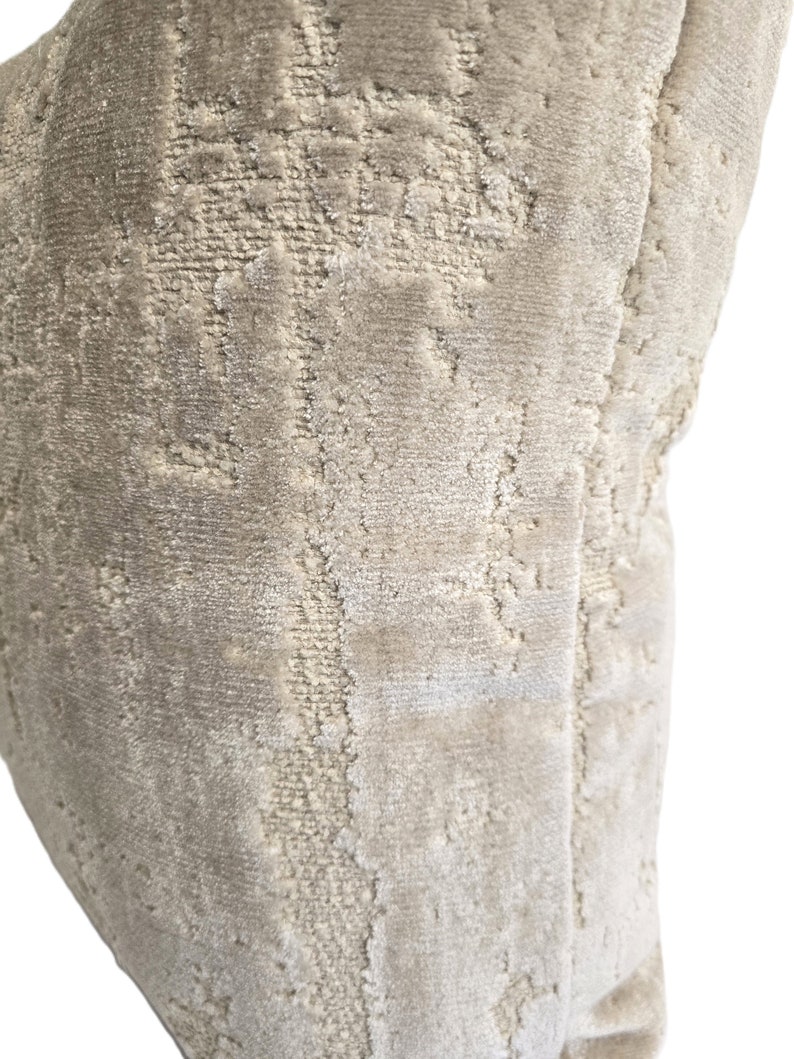 May include: A close-up of a beige velvet pillow with a subtle embossed pattern. The pillow is soft and plush, with a luxurious feel.