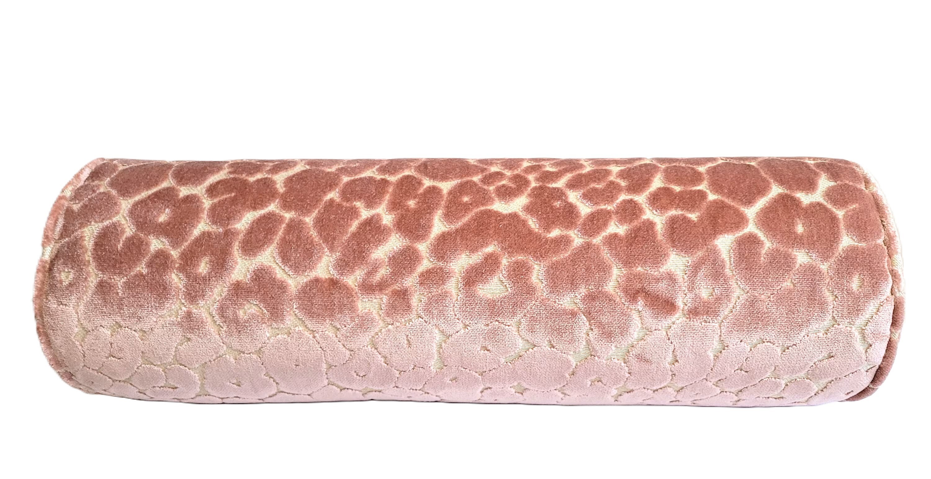 Pink/beige Leopard Print Cut Velvet Bolster Pillow