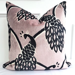 Blush/Black/White Velvet Peacock Pillow Cover