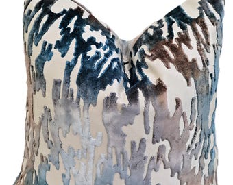 Blue Beige Brown Cut Velvet Pillow