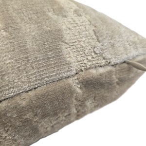 May include: Close-up of a beige velvet pillow with a zipper closure. The pillow has a textured surface and a subtle pattern.