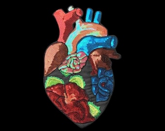 Large Sequin Anatomical Heart Patch: Floral Embroidered Iron-On Applique