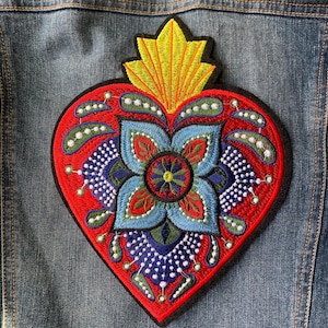 Large Sacred Heart Floral Embroidered Iron-On Patch – 6.3&quot;x7.9&quot; Colorful Applique for Jackets, Bags, DIY Clothing