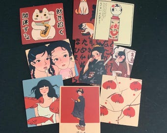 Japanese Retro Illustration Sticker Set — 50-Piece Vintage Art Pack