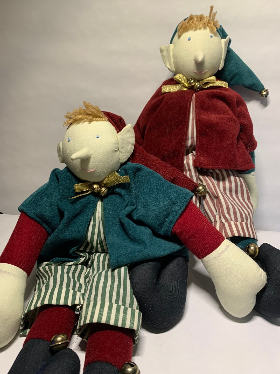 Vintage Elf Dolls Set, Primitive Folk Art Decor, Red and Green Elf Doll