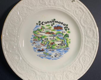 Plato de recuerdo de Connemara, Irlanda, plato para baratijas con mapa de Galway, borde dorado.