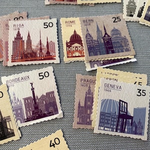 80 adesivos de selo postal de viagem | Pontos turísticos vintage de cidades europeias para scrapbooking - Madri, Praga, Roma, Paris, adesivo de diário