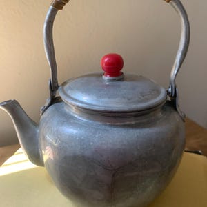 1950s Japanese Hammered Aluminum Mini Teapot Mid Century Modern Wicker Handle Vintage Collectible MCM