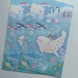 10 Mini Pochi Umschläge – Süßer Hai, Robbe, Pinguin & Fisch | Japanisches Briefpapier für Notizen, Geschenkkarten, Basteln, Scrapbooking