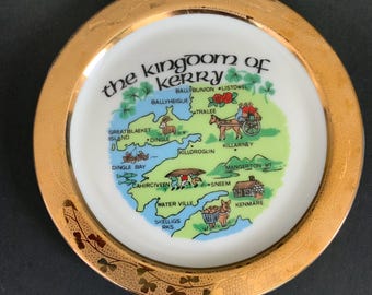 Vintage County Kerry Ireland Souvenir Plate | Irish Map Collector Plate | Dingle Killarney Gold Rim Wall Decor