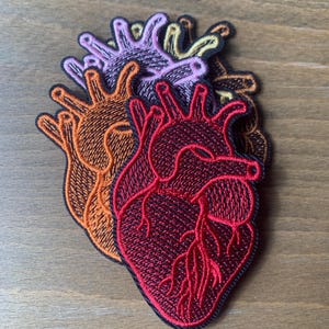 May include: A set of four embroidered iron-on patches featuring a detailed anatomical heart design. The patches are in red, orange, brown, and purple.