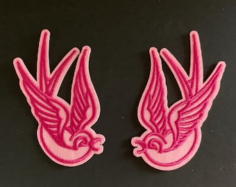 Pink Swallow Embroidered Patches: Tattoo Style Iron-On Appliques (Set of 2)