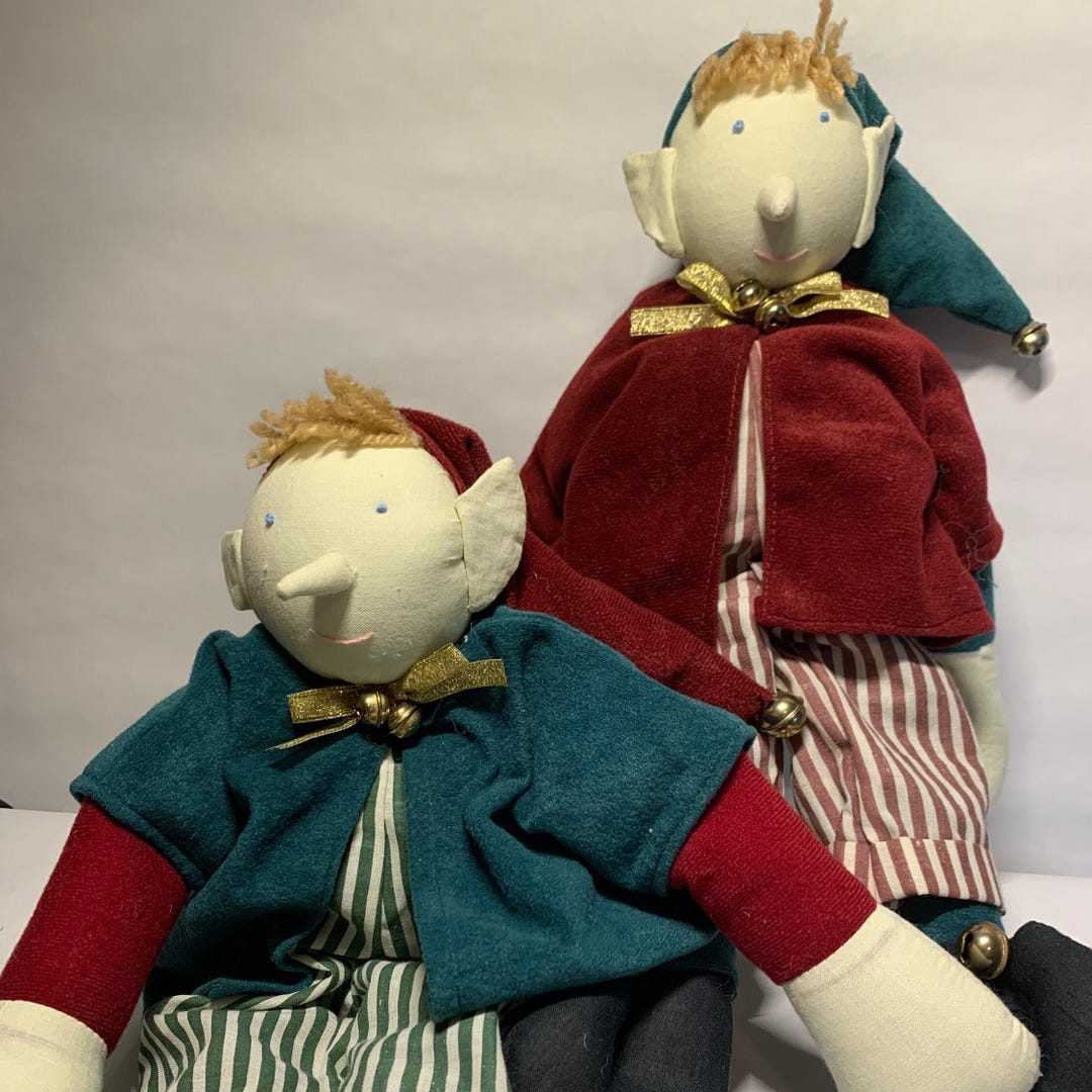 Vintage Holiday Elf Dolls Set, Primitive Folk Art Decor, Red and Green ...