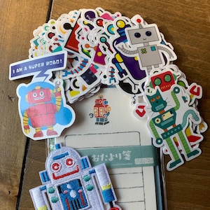 Robot Gift Pack: 50 Large Robot Decals, Retro Toy Note Paper & Mini Envelopes, and Coordinating Robot Iron-On Patch, Kids Science Gift