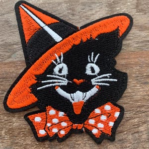 Vintage Black Cat Patch - 3&quot; Iron-On Embroidered Halloween Applique with Hat and Bow Tie for Costumes, Jackets & Bags