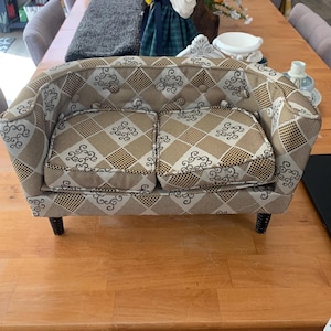 Vintage 18” Doll Loveseat | MCM-Inspired Upholstered Sofa, Wood Frame, Collector Quality, Cream & Gold, Beautifully Made, Removable Cushions