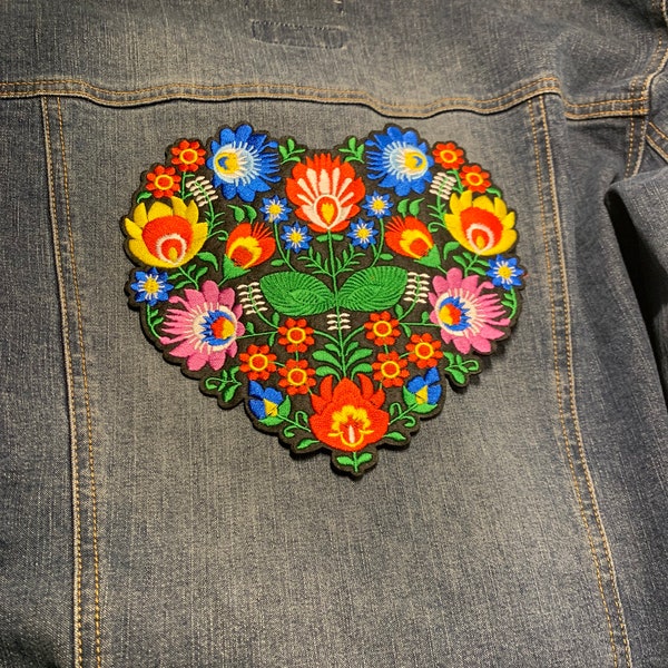 XL Floral Heart Embroidered Patch, Mexican Style Embroidered Heart Applique, Iron-On or Sew, For Jackets, Quilts, Totes, Craft Projects