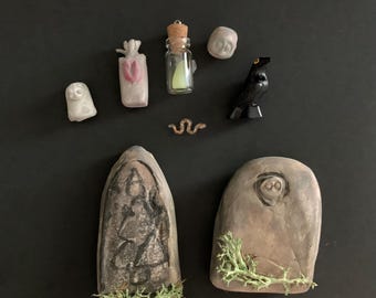 Miniature Graveyard Set | Glow in the Dark Ghost, Handmade Gothic Tombstones, Miniature Altar Decor