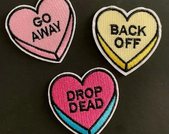 Sarcastic Candy Heart Patches – Set of 3 Funny Iron-On Conversation Hearts