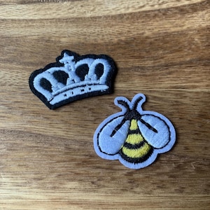 Crown & Bee Iron-On Embroidered Patches – Queen Crown and Bumblebee Mini Appliqués for Jackets, Jeans, Backpacks, Hats, Bags and DIY Crafts