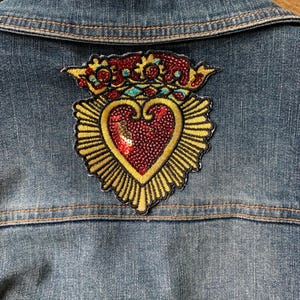Sequin Milagro Heart Iron-On Patch – Red and Gold Sequin Immaculate Heart Embroidered Patch, 4.5&quot; x 3.9&quot; for Jackets, Bags, and DIY Projects