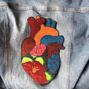 Large Sequin Anatomical Heart Patch: Floral Embroidered Iron-On Applique